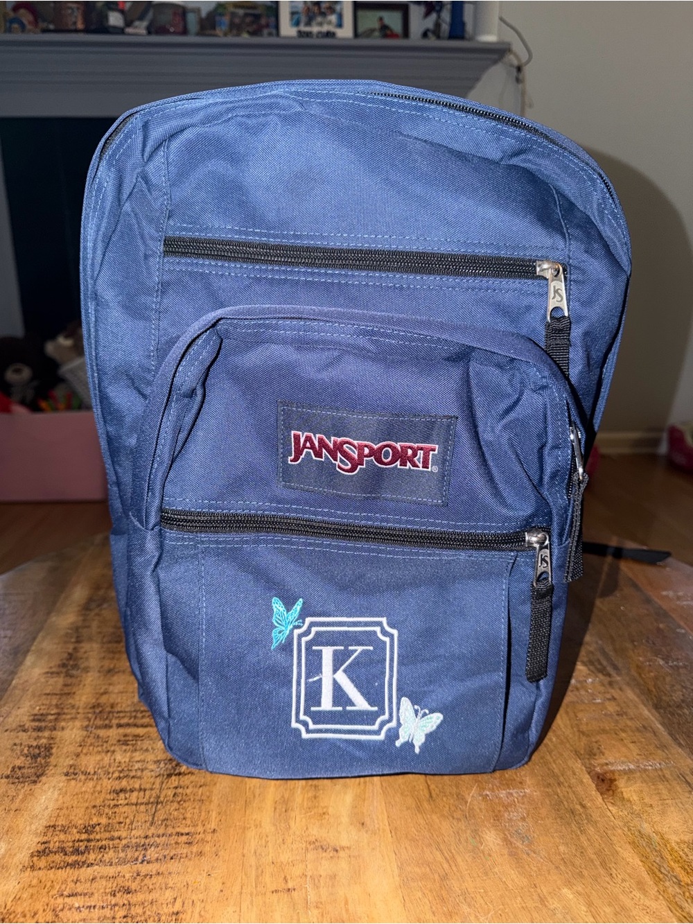 JanSport Navy Blue Backpack with Monogram K and Butterfly Embroidery